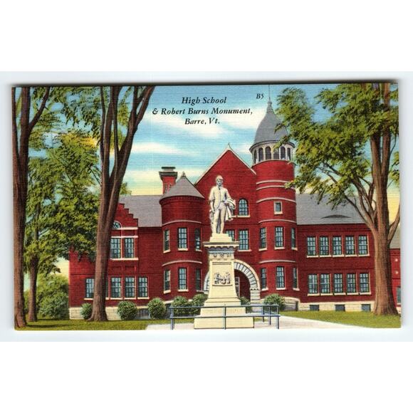 Vintage Linen Postcard High School & Robert Burns Monument Barre VT - Picture 1 of 2